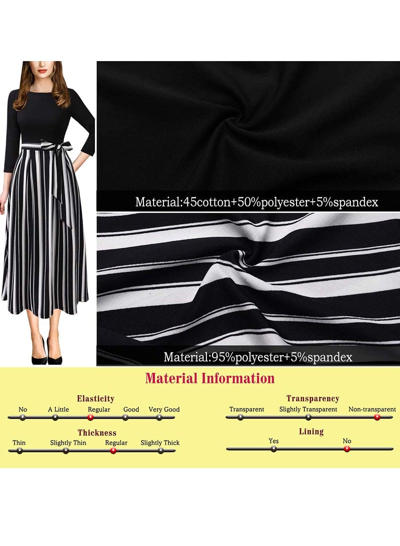 VFSHOW Womens Black and White Striped Print Spring Fall Elegant Patchwork Pockets Belted Work Business Office Casual Party Pleated A-Line Midi Dress 3733 STP BLK XL - Image 5